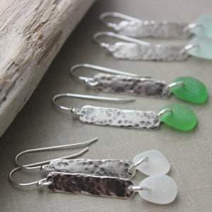 Genuine sea glass earrings sterling silver textured bar earrings beach jewelry choice of color seafoam, green or white hammered bar image 1