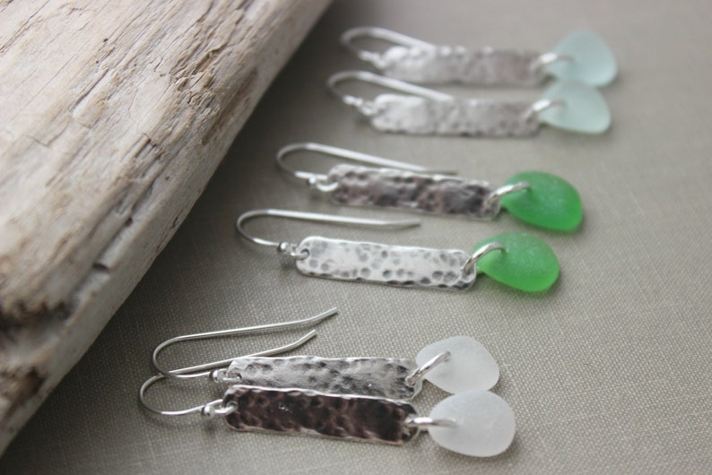 Genuine sea glass earrings sterling silver textured bar earrings beach jewelry choice of color seafoam, green or white hammered bar image 1