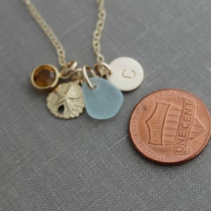 14k Gold filled Sand dollar Charm Necklace genuine Sea Glass & Initial Charm Wedding Bridesmaid Gift Birthstone, gift for her image 2