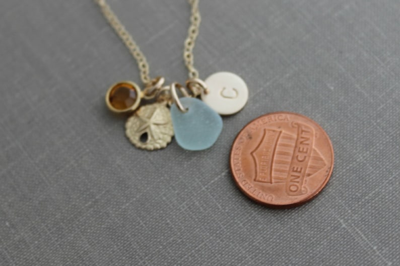 14k Gold filled Sand dollar Charm Necklace genuine Sea Glass & Initial Charm Wedding Bridesmaid Gift Birthstone, gift for her image 2