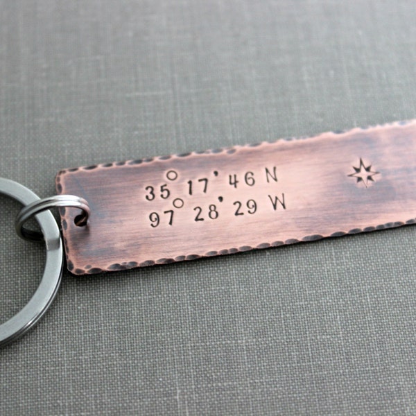 Coordinates Keychain - Custom Copper Hand Stamped Latitude and Longitude GPS Coordinate Key Chain - Rustic - Antiqued - Gift for Him