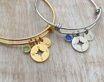 Compass charm bracelet - silver or gold stainless steel adjustable wire bangle -  crystal birthstone personalized initial disc