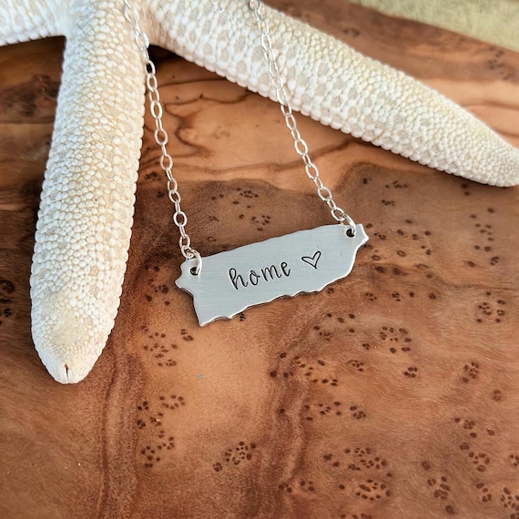Puerto Rico Necklace - Hand stamped Home necklace - Pewter charm with Sterling silver chain - Heart design - custom