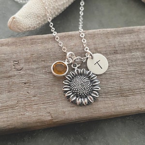 Sterling silver Sunflower charm necklace - Plant Jewelry - Flower necklace, Personalized initial -   Birthstone - gift for her