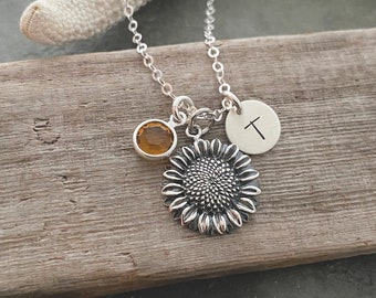 Sterling silver Sunflower charm necklace - Plant Jewelry - Flower necklace, Personalized initial -   Birthstone - gift for her