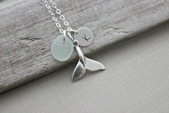 Whale tail Necklace with Genuine Sea glass and Personalized Initial charm disc, Sterling Silver Beach Jewelry, Eco Friendly Fashion mermaid