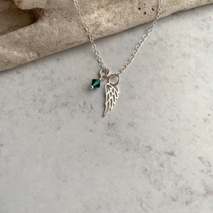 Tiny sterling silver angel wing necklace with crystal birthstone - always in my heart message card - Memorial necklace - Remembrance
