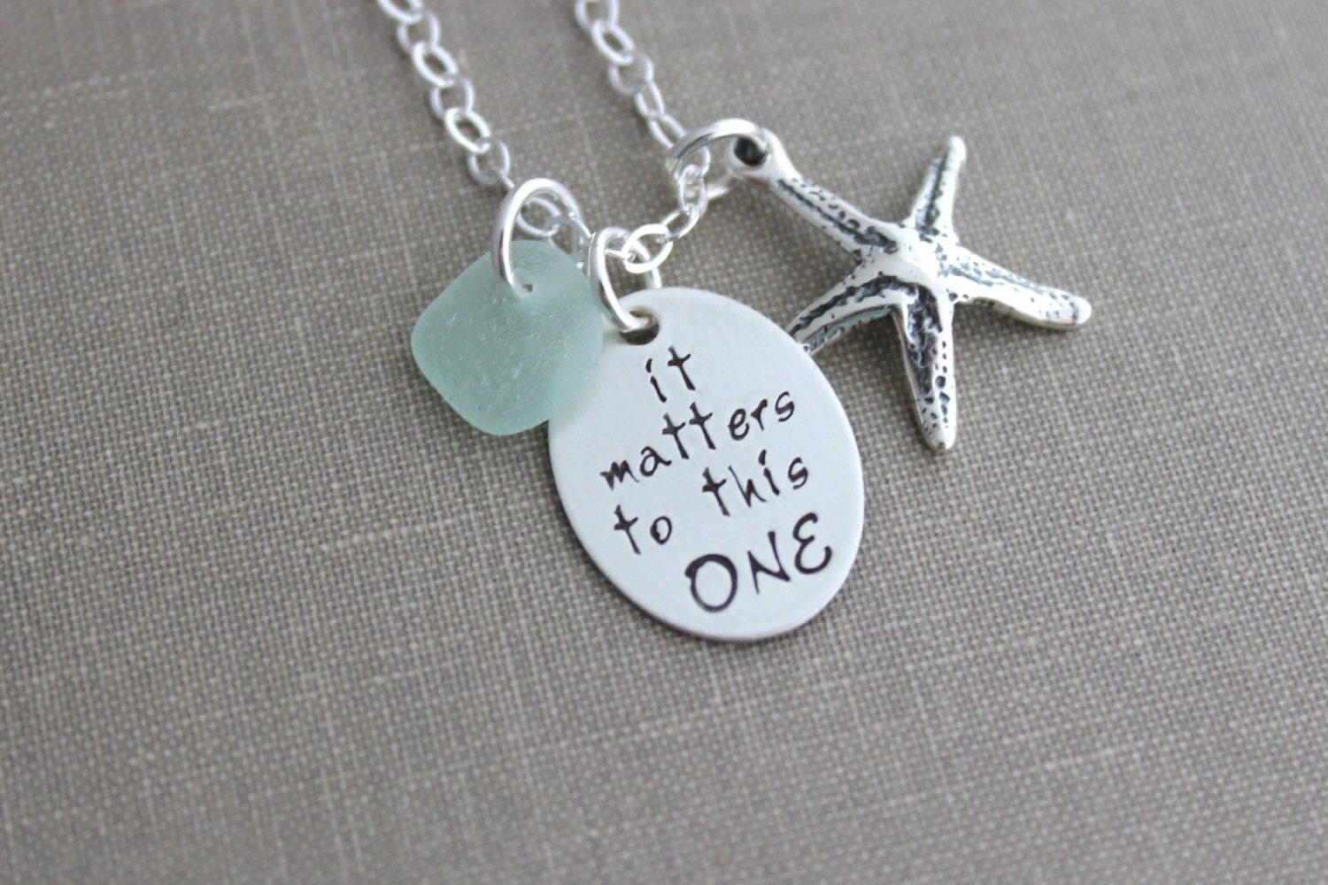 it matters to this one, The starfish story, Sterling silver charm necklace, with genuine sea glass, Hand stamped quote, Teacher Gift Idea