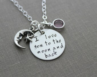 I love you to the moon and back, Hand stamped sterling silver birthstone necklace with  crystals and Moon charm Gift for grandma