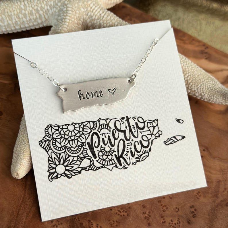 Puerto Rico Necklace - Hand stamped Home necklace - Pewter charm with Sterling silver chain - Heart design - custom image 2