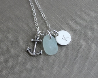 Anchor Necklace, Personalized Charm Necklace with genuine Seafoam Sea Glass Anchor and Initial Charm Sterling Silver, Beach Girl