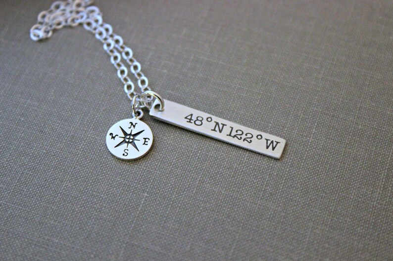Sterling Silver Custom Coordinates Necklace Skinny Bar Charm Etsy