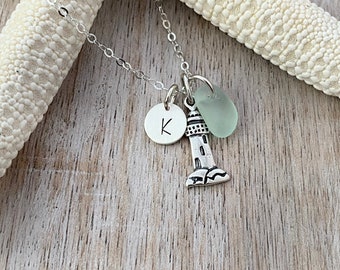 Sterling Silver Lighthouse necklace, genuine Sea glass and mini Initial Charm - Personalized beach jewelry, Beacon of Hope, Nautical Jewelry