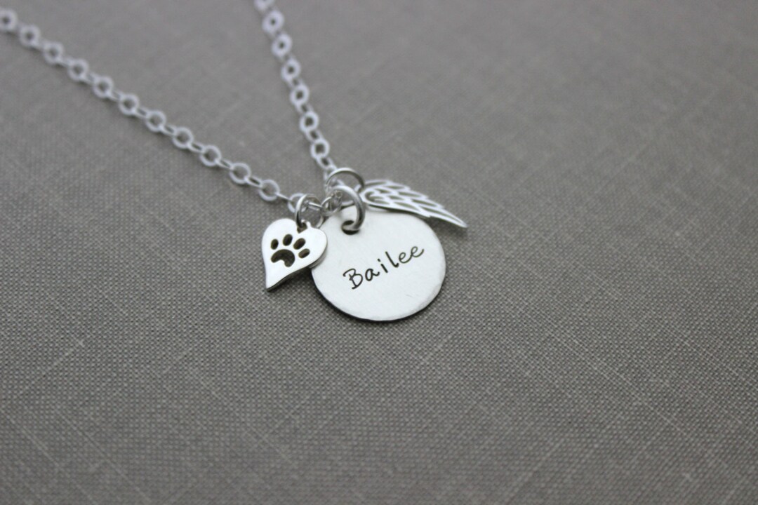 Pet Name Memorial Necklace Sterling Silver Angel Wing Dog Paw Heart ...