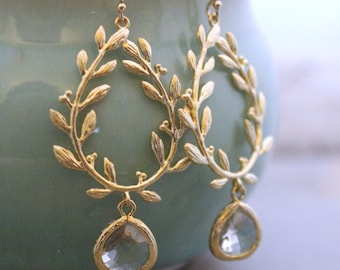 Gold Laurel Wreath and Clear Glass Bezel gem Earrings - Long dangle earrings - 14k gold filled ear wires - Winter Ice Jewelry - Bride