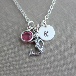 Sterling Silver Mermaid Charm Necklace, Personalized Initial letter disc, and  Crystal Birthstone, Customized Beach Jewelry