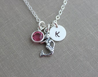 Sterling Silver Mermaid Charm Necklace, Personalized Initial letter disc, and  Crystal Birthstone, Customized Beach Jewelry