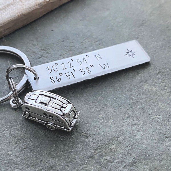 Camping GPS coordinates keychain - Silver Aluminum Hand Stamped  Bar Key Chain - Camper Trailer charm - Favorite vacation spot Lat & long