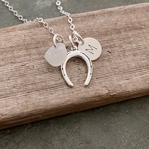 Sterling silver horseshoe - Personalized Charm Necklace with Genuine Sea glass and mini Initial Charm Made to Order Wedding Bridesmaid Gift image 1