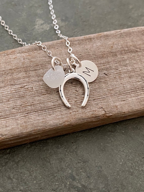 Sterling silver horseshoe -  Personalized Charm Necklace with Genuine Sea glass and mini Initial Charm Made to Order Wedding Bridesmaid Gift