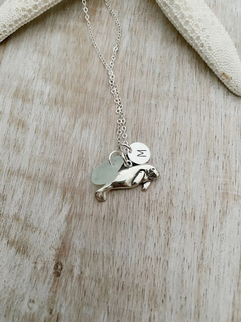 Sterling Silver Manatee Charm necklace with genuine Sea Glass and Personalized custom initial charm, made to order, Gift for beach lover image 1