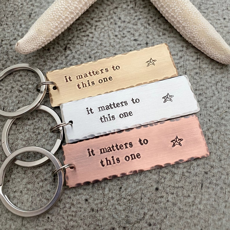 it matters to this one, the starfish story, Copper Hand Stamped Keychain, Long Rectangle, Antiqued rustic style, Teacher gift idea image 1