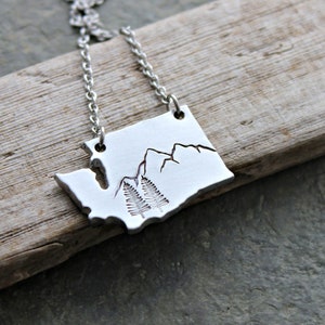 Pacific Northwest Washington State Necklace -Mountain and Trees - Silver Aluminum charm with Stainless steel chain - Outdoors