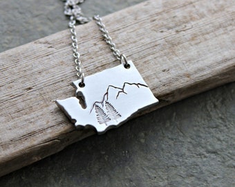 Pacific Northwest Washington State Necklace -Mountain and Trees - Silver Aluminum charm with Stainless steel chain - Outdoors