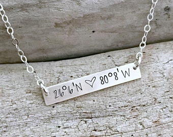 Coordinates necklace - Skinny Bar  - 925 sterling silver chain and bar - sideways bar necklace - GPS necklace - Special place Lat and Long