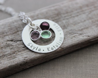 Sterling Silver Name Necklace - Hand Stamped Washer Personalized with  Crystal Birthstones - Grandchildren - Grandmother - Gift