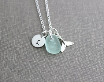 Sterling Silver Tiny Whale tail Necklace with Genuine Sea glass and Personalized Initial charm disc, Beach Jewelry, Eco Friendly Fashion