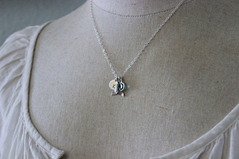 Sterling Silver Mermaid tail Necklace with Mini Personalized Initial charm disc crystal birthstone Beach Jewelry Gift for her image 3