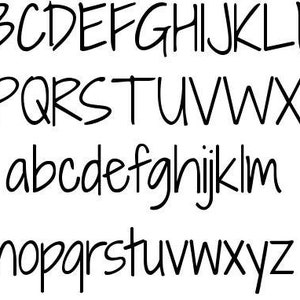 May include: A handwritten alphabet font in black ink on a white background. The font is casual and playful, with a slightly slanted style. The letters are uppercase and lowercase.
