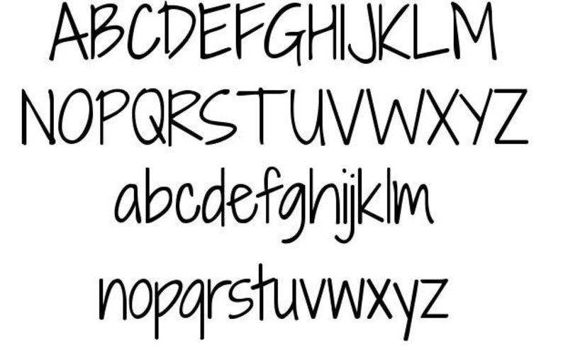May include: A handwritten alphabet font in black ink on a white background. The font is casual and playful, with a slightly slanted style. The letters are uppercase and lowercase.