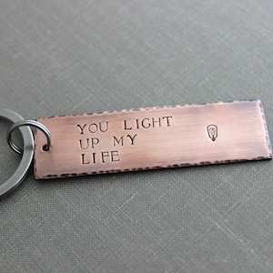 You light up my life, Copper Hand Stamped Keychain, Long Rectangle, Antiqued rustic style, lightbulb with heart gift for electrician image 1