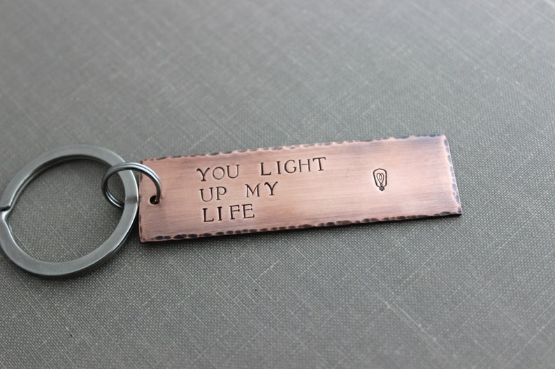 You light up my life, Copper Hand Stamped Keychain, Long Rectangle, Antiqued rustic style, lightbulb with heart gift for electrician image 1