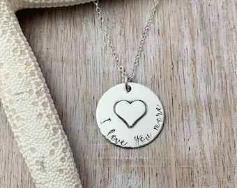 I love you more sterling silver necklace with heart, hand stamped , gift idea for her - Valentine's Day gift for her- gift for daughter