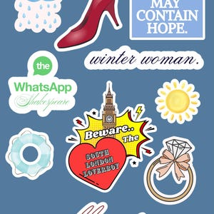 May include: A collection of colorful stickers on a blue background. Designs include a red high heel, a cloud with raindrops, a ring with a bow, a sun, and text that says "This sticker may contain hope."