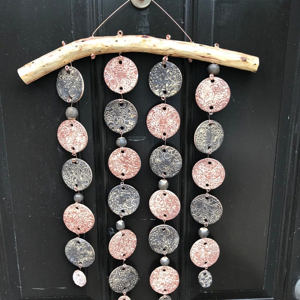 FREE SHIP HANDMADE Zen gorgeous, stoneware wall hanging. Pottery, copper wire, cedar, peaceful, unique, beautiful, pendants, stoneware beads