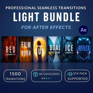 May include: Promotional image for a "Light Bundle" for After Effects, showcasing book-like graphics with titles including "Red," "Film Burh," "Luminous Sun," "Dual Spectrum," "Ice Chromatics," and "Reflex." The image also highlights 1500 transitions, 80 categories, and SFX pack support.