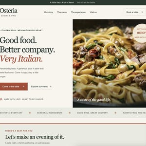 Könnte beinhalten: Eine Website-Landingpage für Osteria Cucina & Vino mit dem Text Good food. Better company. Very Italian. und einem großen Bild von Pasta mit Fleisch und Gemüse in einer Pfanne mit dem Text Fatto con amore und A taste of the good life.
