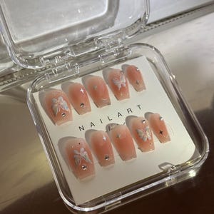 Handmade Butterfly Press on Nails unique sparkle star cute blush aesthetic beautiful cat eye design, gift for her, reuseable press on nails
