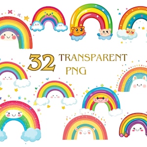 Paquete de 32 imágenes PNG de arcoíris, imágenes prediseñadas de arcoíris lindas, arcoíris florales, gráficos de arcoíris coloridos, imágenes prediseñadas de globos de arcoíris, uso comercial