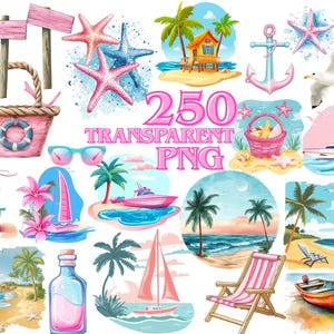 250 PNG Watercolor Tropical Beach Clipart, Summer Beach Clip art, Vacation Scenery, Ocean, Tropical Sunset, Morning Sunrise, Beach Fashion