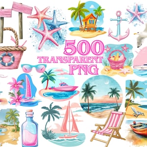 Tropical Summer Watercolor Clipart Bundle of 500 PNG Sunny Tropical Images, Beach Summer Vacation Graphics, Instant Download, Commercial Use