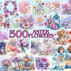 500 Aster Flowers Watercolor Clipart Bundle, Asters Images, Floral Graphics, Delightful Blossom Watercolor Aster scrapbooking Commercial Use