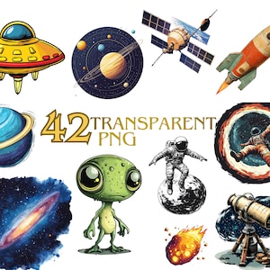 Space Watercolor Clipart for Nursery Decor, Cute Astronaut & Planets PNG, Rocket Illustrations for Kids Art Prints, Birthday Party Graphics