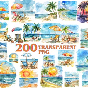 200 PNG Watercolor Tropical Beach Clipart, Summer Beach Clip art, Vacation Scenery, Ocean, Tropical Sunset, Morning Sunrise, Beach Fashion