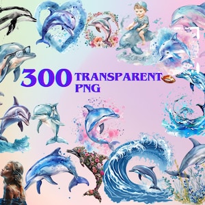 Dolphins Watercolor Clipart Playful Sea Creatures, 300 Dolphin PNGs, Marine Life Art, Ocean Designs, Nursery Clipart for Digital Download