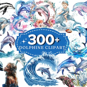 Dolphins Watercolor Clipart Playful Sea Creatures, 300 Dolphin PNGs, Marine Life Art, Ocean Designs, Nursery Clipart for Digital Download